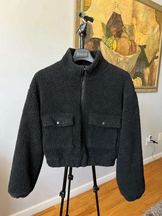 Dazy Black Zip-Up Cropped Faux Shearling Teddy Jacket Size S - Picture 12 of 12